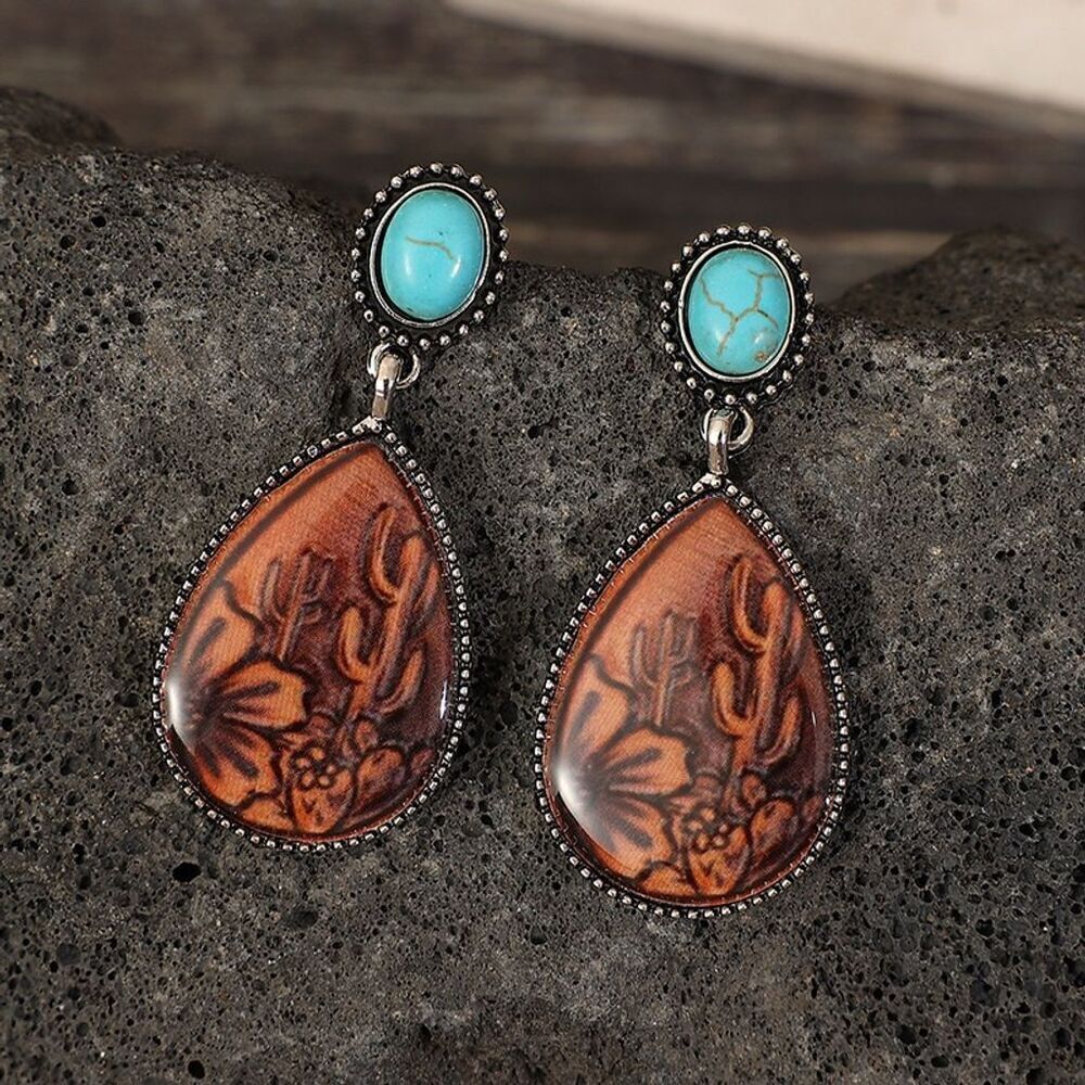 Southwestern Cactus Floral & Faux Turquoise Stud Teardrop Dangle Earrings